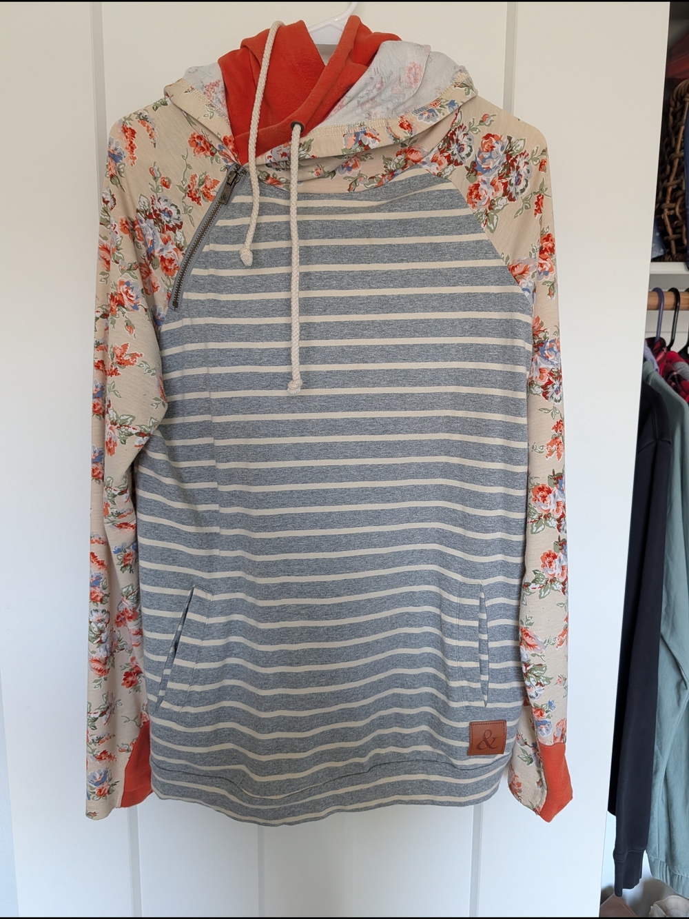 AMPERSAND AVE Grey Stripe & Floral Cowl Neck Pullover with Coral Hood